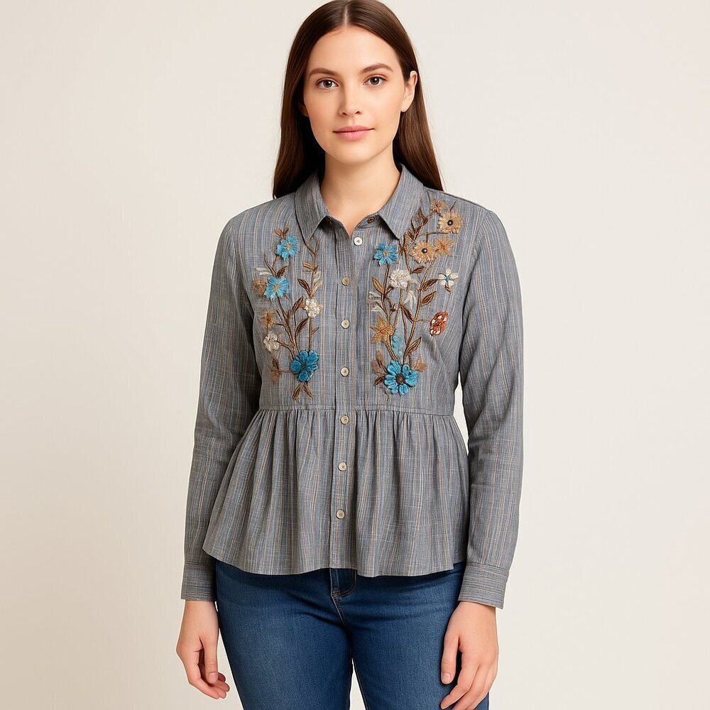 Anthro HD in Paris Ella Embroidered Peplum Top S Sequin Button Boho Blouse